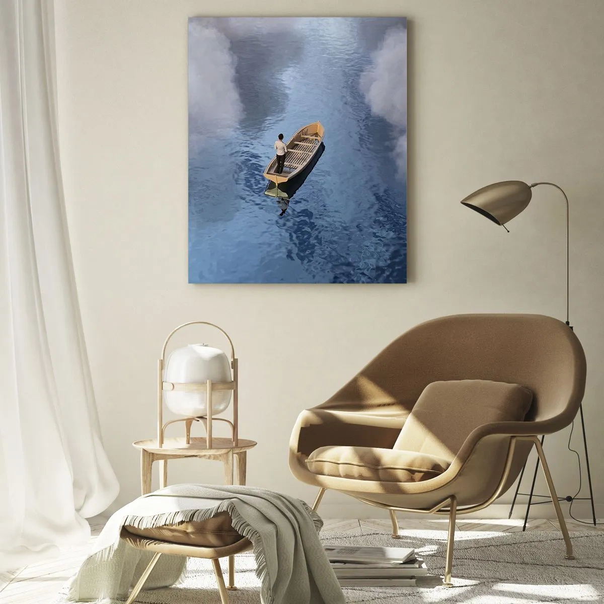 Glasbild - Bild auf glas - Ein Mann in einem Boot auf einem ruhigen Meer, umgeben von Wolken - 80x120cm - Leben – Reise – unbekannt - Moderne Wanddekoration für Wohnzimmer und Schlafzimmer ARTTOR