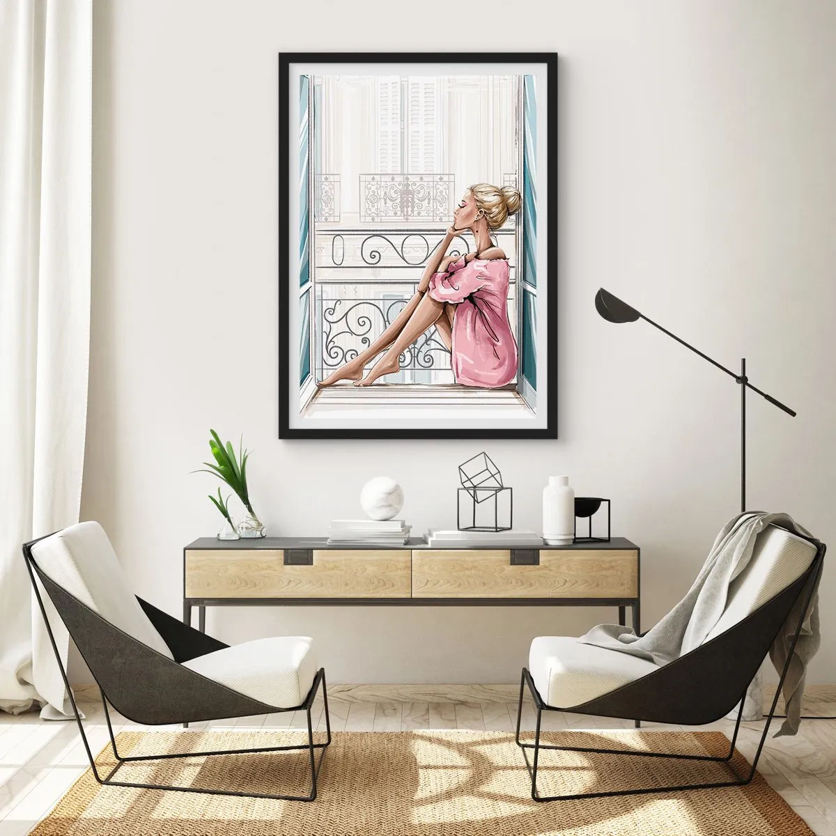 Poster in einem schwarzem Rahmen - Eine Frau im rosa Bademantel sitzt auf einem Balkon - 50x70cm - Pariser Morgen - Moderne Wanddekoration für Wohnzimmer und Schlafzimmer ARTTOR