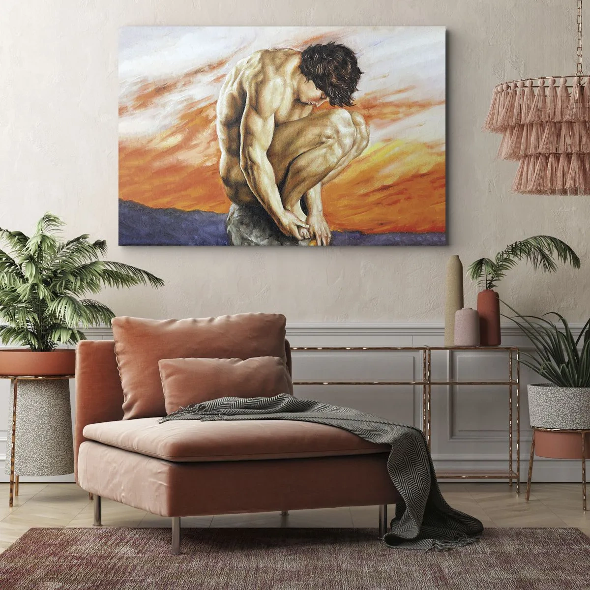 Bild auf Leinwand - Leinwandbild - Ein Mann in Gedanken versunken vor dem Hintergrund eines Sonnenuntergangs - 70x50cm - In sich versunken - Moderne Wanddekoration für Wohnzimmer und Schlafzimmer ARTTOR