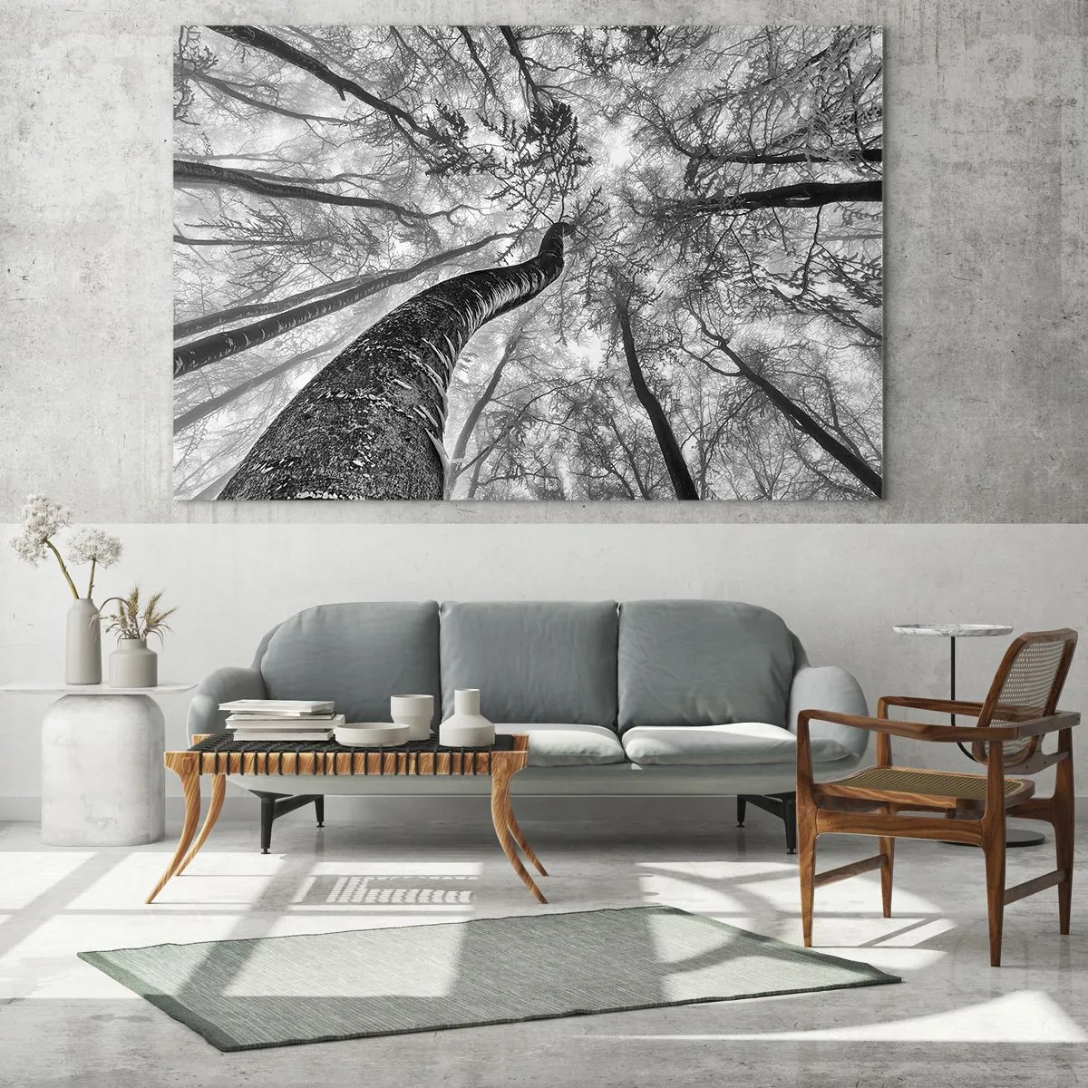Glasbild - Bild auf glas - Schwarz-weiße Bäume, von unten in Richtung Himmel fotografiert - 100x70cm - Rennen zum Licht - Moderne Wanddekoration für Wohnzimmer und Schlafzimmer ARTTOR