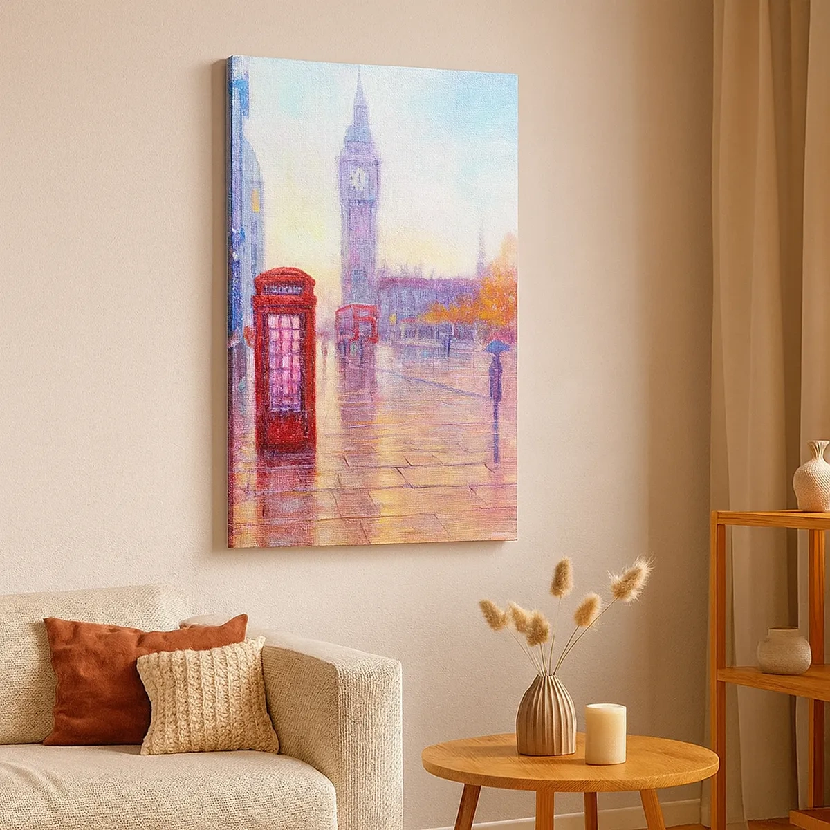 Bild auf Leinwand - Leinwandbild - Londoner Straße mit Big Ben an einem regnerischen Tag - 50x70cm - Londoner Herbsttag - Moderne Wanddekoration für Wohnzimmer und Schlafzimmer ARTTOR