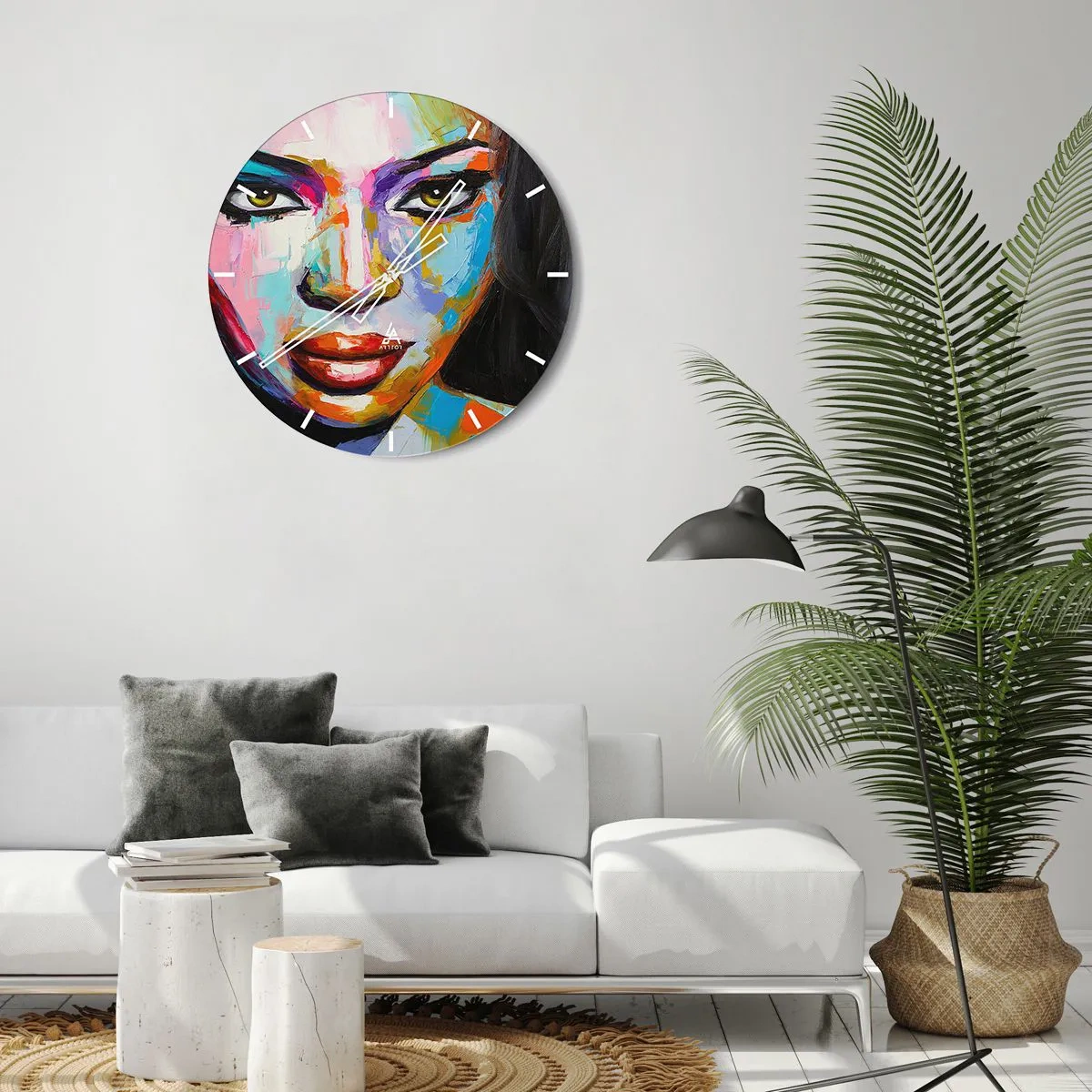 Wanduhr - Glasuhr - Ein farbenfrohes Frauenporträt in intensiven Farben - 30x30cm - Es ist unmöglich die Augen abzuwenden - Moderne Wanddekoration für Wohnzimmer, Küche und Schlafzimmer ARTTOR