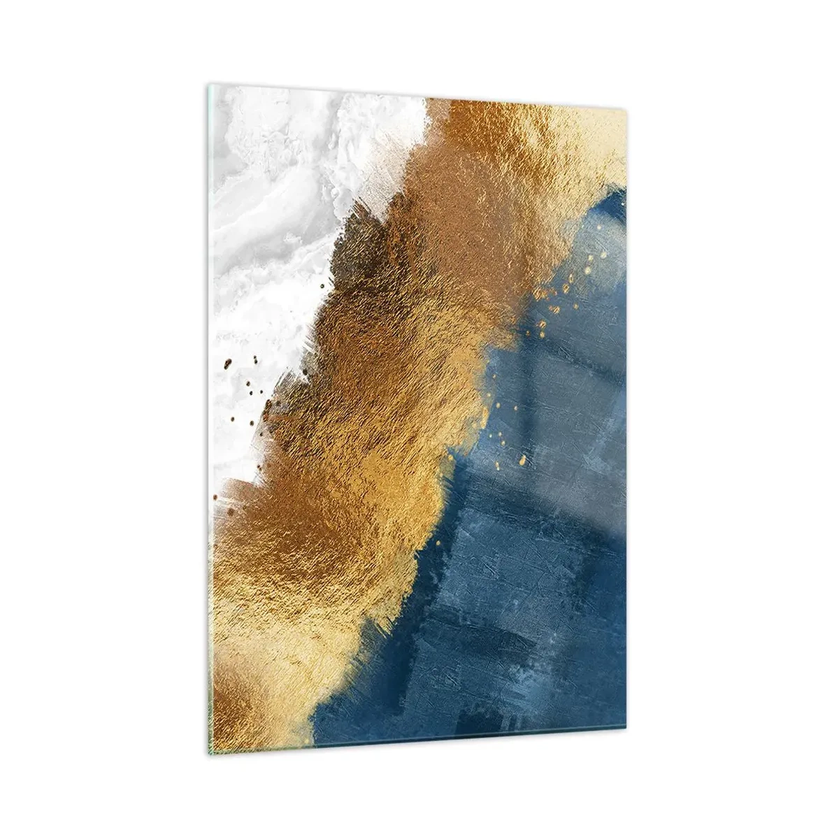 Glasbild - Bild auf glas - Goldene Pinselstriche auf marineblauem und weißem Hintergrund - 50x70cm - Farben des Sommers - Moderne Wanddekoration für Wohnzimmer und Schlafzimmer ARTTOR