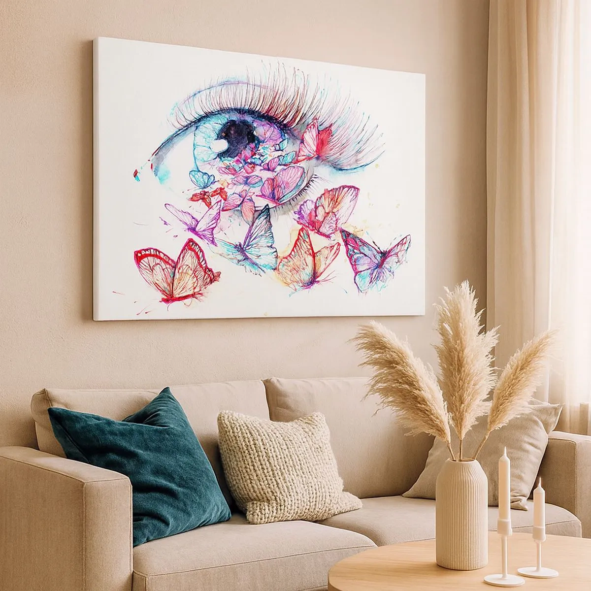 Bild auf Leinwand - Leinwandbild - Ein Aquarellauge, umgeben von bunten Schmetterlingen - 70x50cm - Märchenhafter Augenzauber - Moderne Wanddekoration für Wohnzimmer und Schlafzimmer ARTTOR