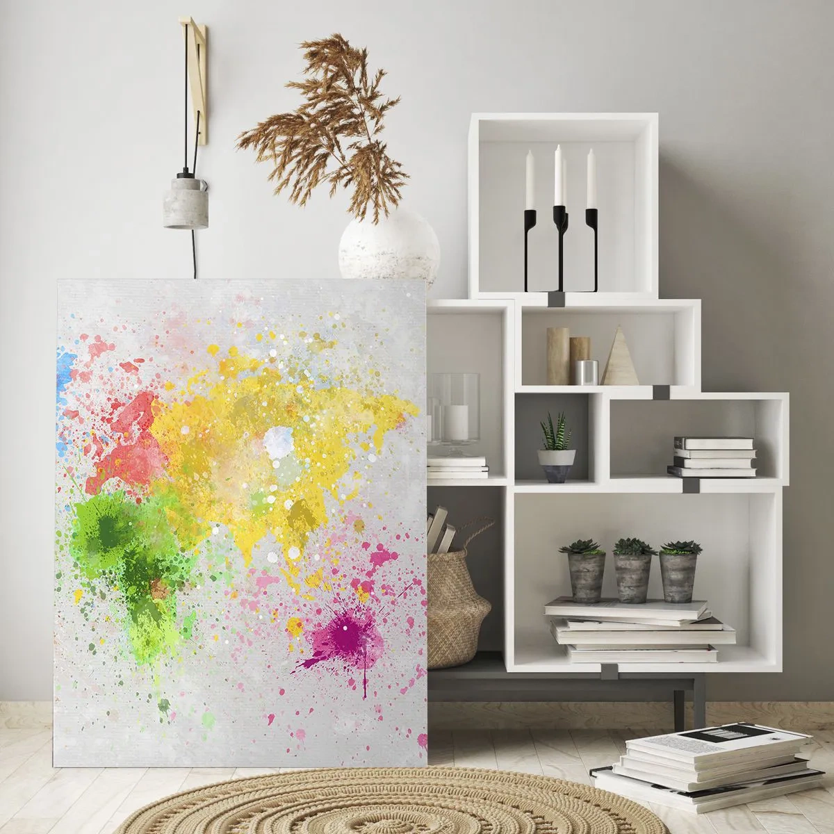 Glasbild - Bild auf glas - Eine Weltkarte in bunten Farbspritzern - 50x70cm - Alle Farben der Welt - Moderne Wanddekoration für Wohnzimmer und Schlafzimmer ARTTOR