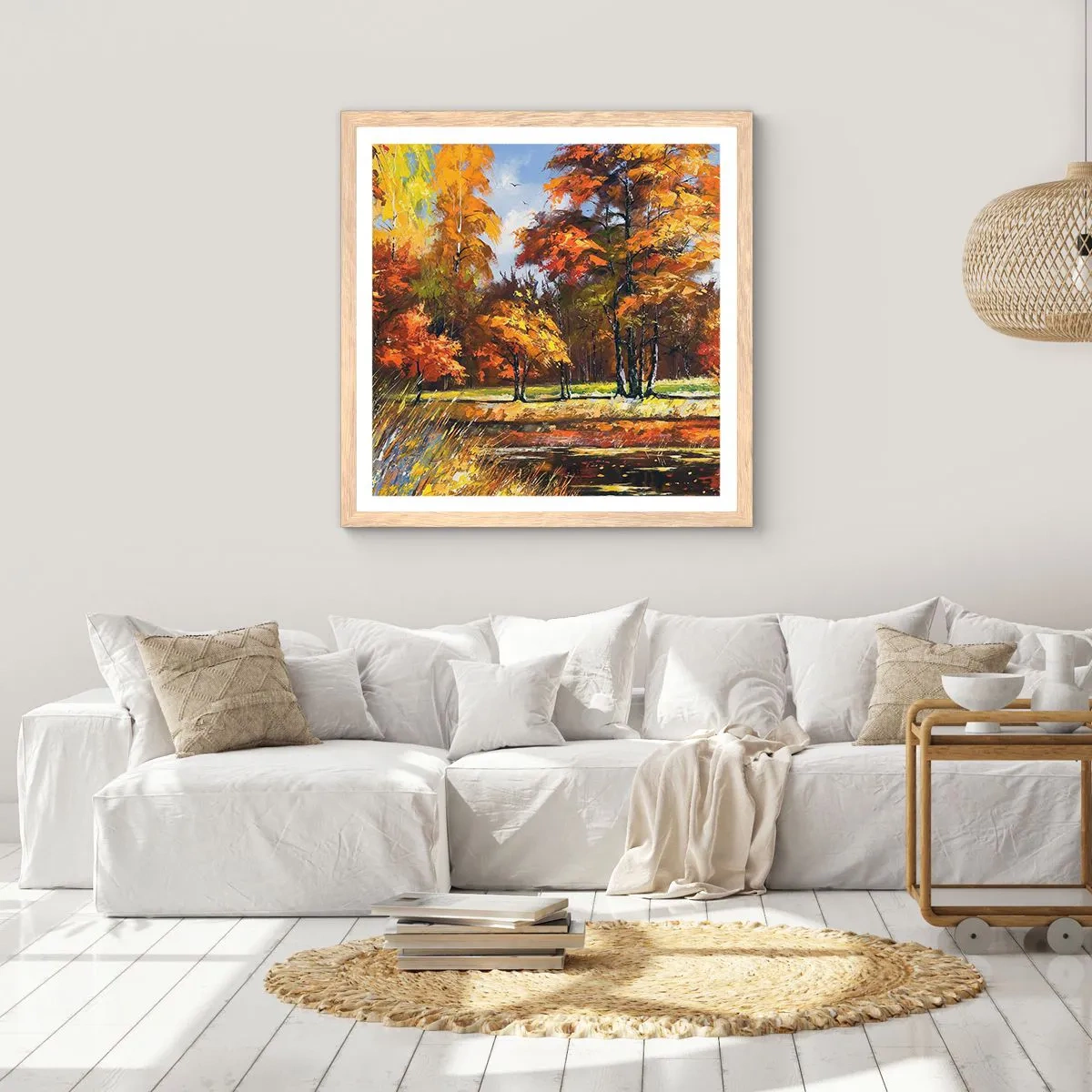 Poster in einem Rahmen aus heller Eiche - Landschaft in Gold und Bronze - 40x40 cm