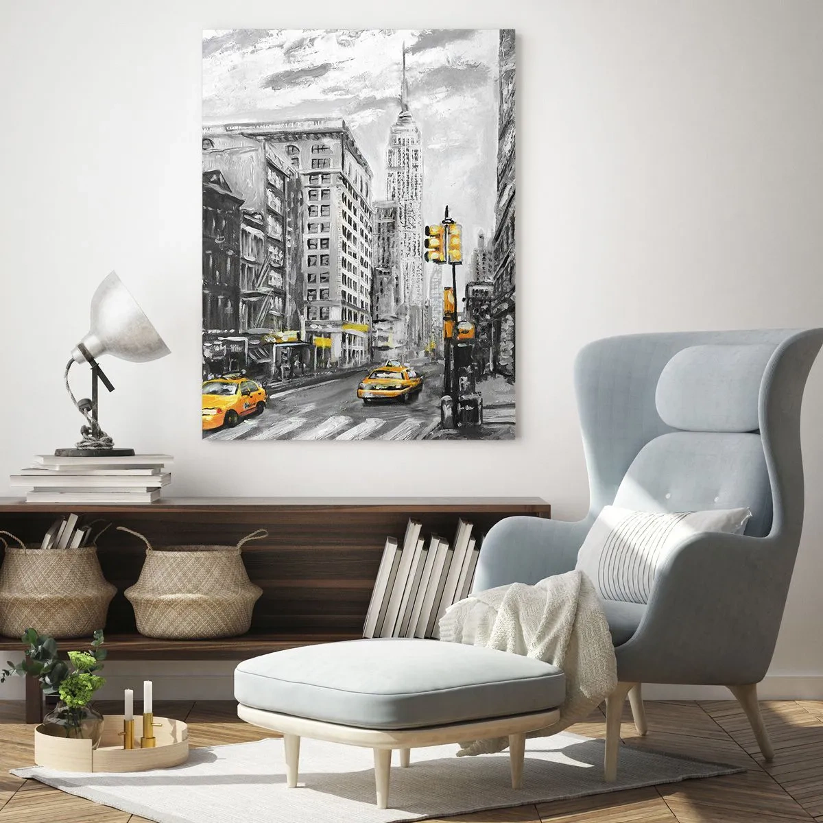 Glasbild - Bild auf glas - Eine Illustration von New York City in Schwarz-Weiß-Tönen mit gelben Akzenten. - 50x70cm - Eine New Yorker Geschichte - Moderne Wanddekoration für Wohnzimmer und Schlafzimmer ARTTOR
