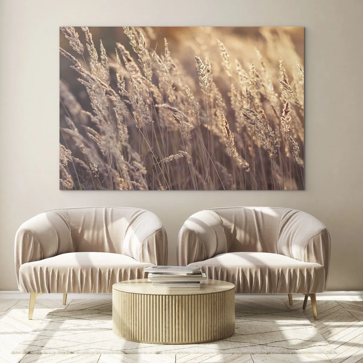 Glasbild - Bild auf glas - Goldene Gräser, beleuchtet von den Strahlen der untergehenden Sonne - 70x50cm - Bereit, den Herbst willkommen zu heißen - Moderne Wanddekoration für Wohnzimmer und Schlafzimmer ARTTOR