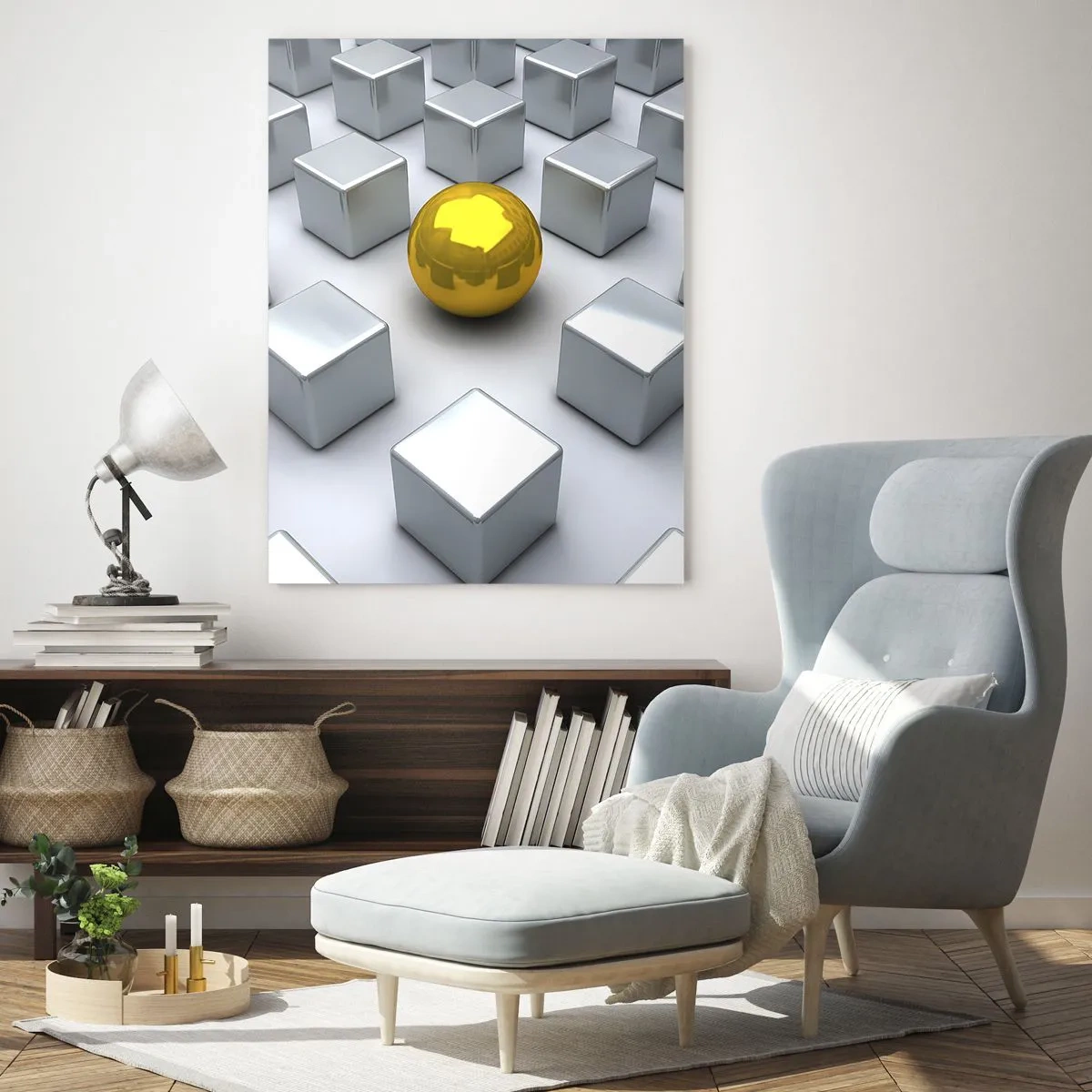 Glasbild - Bild auf glas - Eine goldene Kugel, die zwischen den silbernen Würfeln hervorsticht - 70x100cm - Warum ich? Geometrische Zusammensetzung - Moderne Wanddekoration für Wohnzimmer und Schlafzimmer ARTTOR
