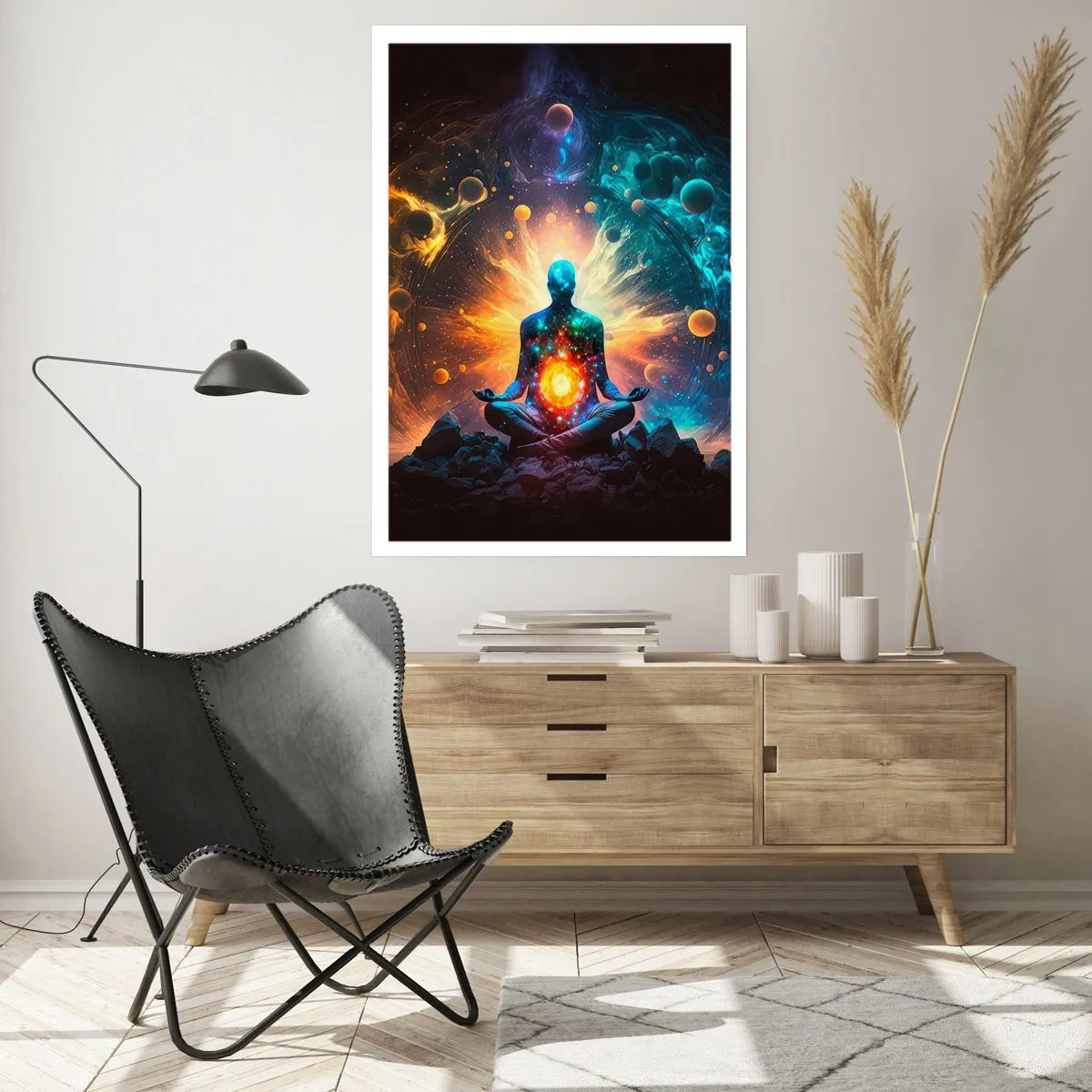 Poster - Eine meditierende Figur in einer kosmischen Aura voller Energie - 50x70cm - Kosmischer Frieden - Moderne Wanddekoration für Wohnzimmer und Schlafzimmer ARTTOR