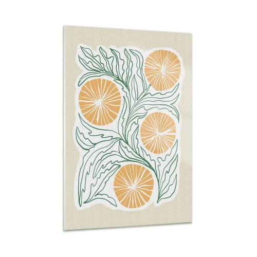 Glasbild - Bild auf glas - Orangefarbene Früchte und grüne Blätter in einer grafischen Komposition - 50x70cm - Ethnisch mit einem Hauch von Abstraktion - Moderne Wanddekoration für Wohnzimmer und Schlafzimmer ARTTOR