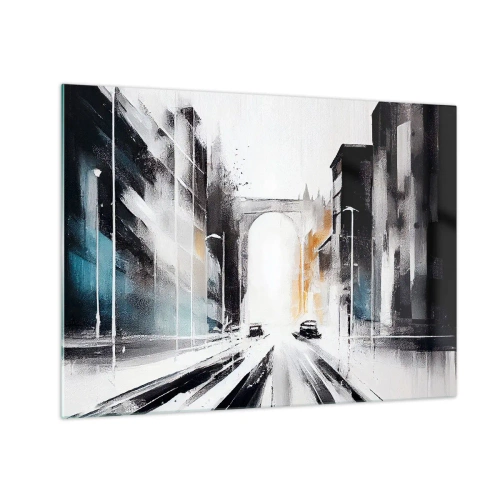 Glasbild - Bild auf glas - Eine dynamische Stadtstraße mit Autos und einem Bogen im Hintergrund im malerischen Stil. - 70x50cm - Stadtstudie: Architektur und Bewegung - Moderne Wanddekoration für Wohnzimmer und Schlafzimmer ARTTOR