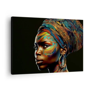 Bild auf Leinwand - Leinwandbild - Porträt einer Frau mit buntem Muster und Turban - 70x50cm - Afrikanische Königin - Moderne Wanddekoration für Wohnzimmer und Schlafzimmer ARTTOR