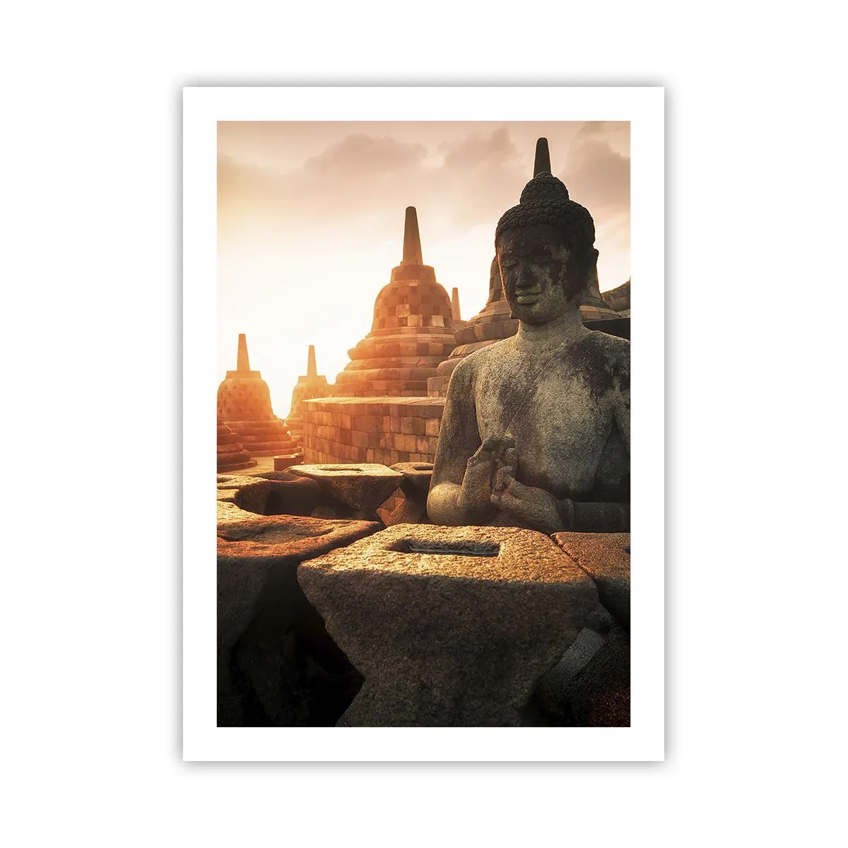 Poster - Buddha-Statue mit Tempeln im Hintergrund bei Sonnenuntergang - 50x70cm - Wetter der großen Weisheit - Moderne Wanddekoration für Wohnzimmer und Schlafzimmer ARTTOR