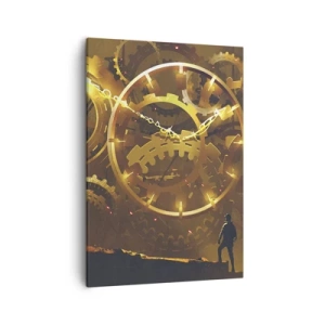 Bild auf Leinwand - Leinwandbild - Goldene Zahnräder in einer surrealen Umgebung mit einer Figur - 50x70cm - An der Quelle der Zeit - Moderne Wanddekoration für Wohnzimmer und Schlafzimmer ARTTOR