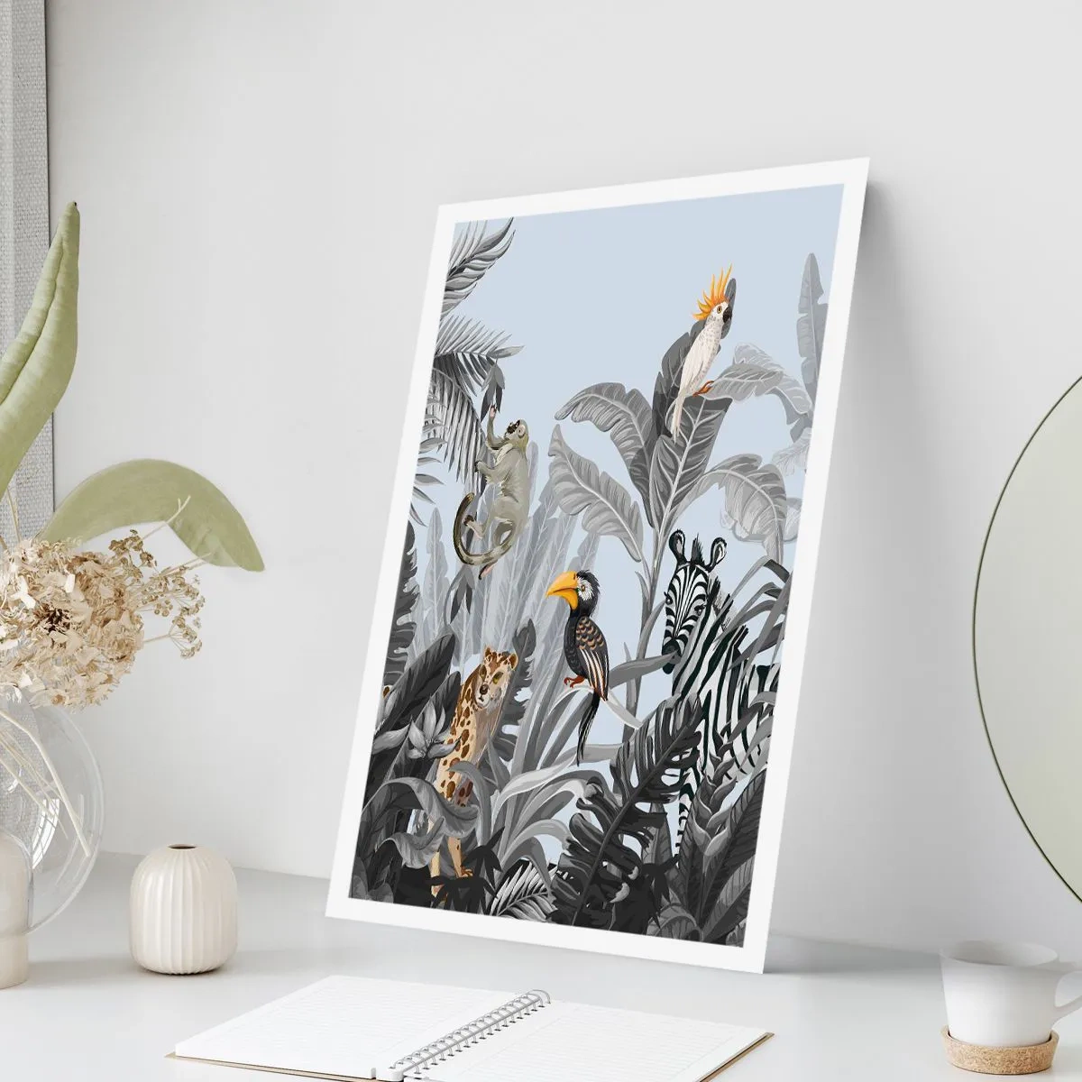 Poster - Bunte tropische Tiere zwischen den Dschungelblättern - 50x70cm - Afrikanisches Märchen - Moderne Wanddekoration für Wohnzimmer und Schlafzimmer ARTTOR