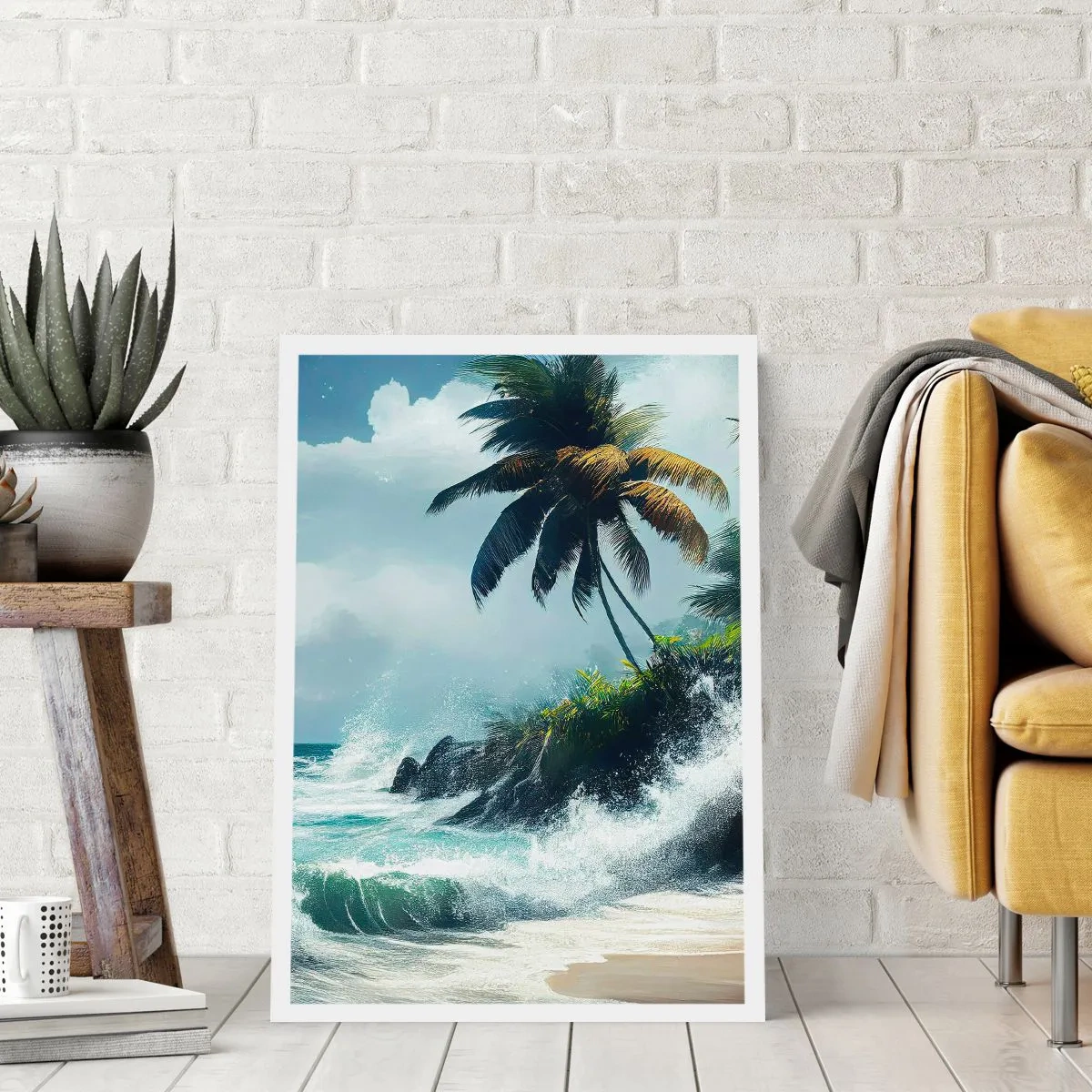 Poster - Tropischer Strand mit Palmen und rauem Ozean - 50x70cm - Am tropischen Ufer - Moderne Wanddekoration für Wohnzimmer und Schlafzimmer ARTTOR