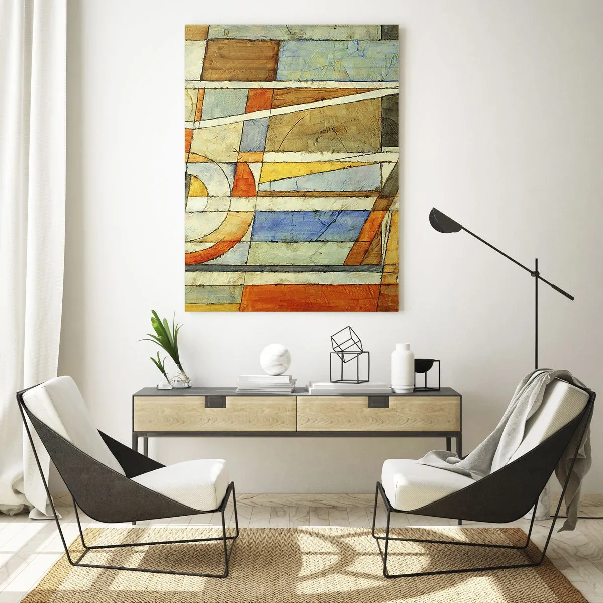Glasbild - Bild auf glas - Geometrische Abstraktion in Beige-, Blau- und Orangetönen - 80x120cm - Kubismus auf der Baustelle - Moderne Wanddekoration für Wohnzimmer und Schlafzimmer ARTTOR
