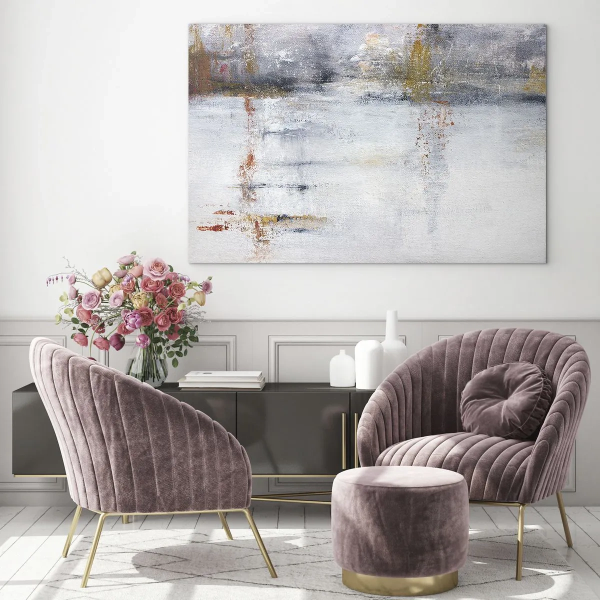 Glasbild - Bild auf glas - Ein abstraktes Gemälde mit einer subtilen Kombination aus Grau, Weiß und Gold. - 100x70cm - Hinter dem Luftvorhang - Moderne Wanddekoration für Wohnzimmer und Schlafzimmer ARTTOR