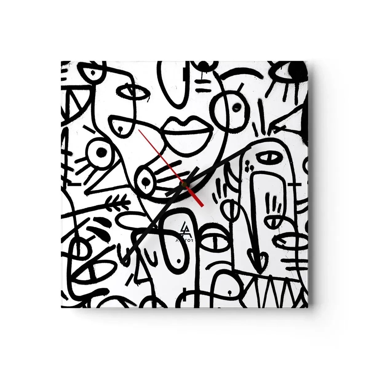 Wanduhr - Glasuhr - Schwarz-weiße abstrakte Zeichnungen mit Gesichtsmotiven - 30x30cm - Gesichter und Luftspiegelungen - Moderne Wanddekoration für Wohnzimmer und Schlafzimmer ARTTOR