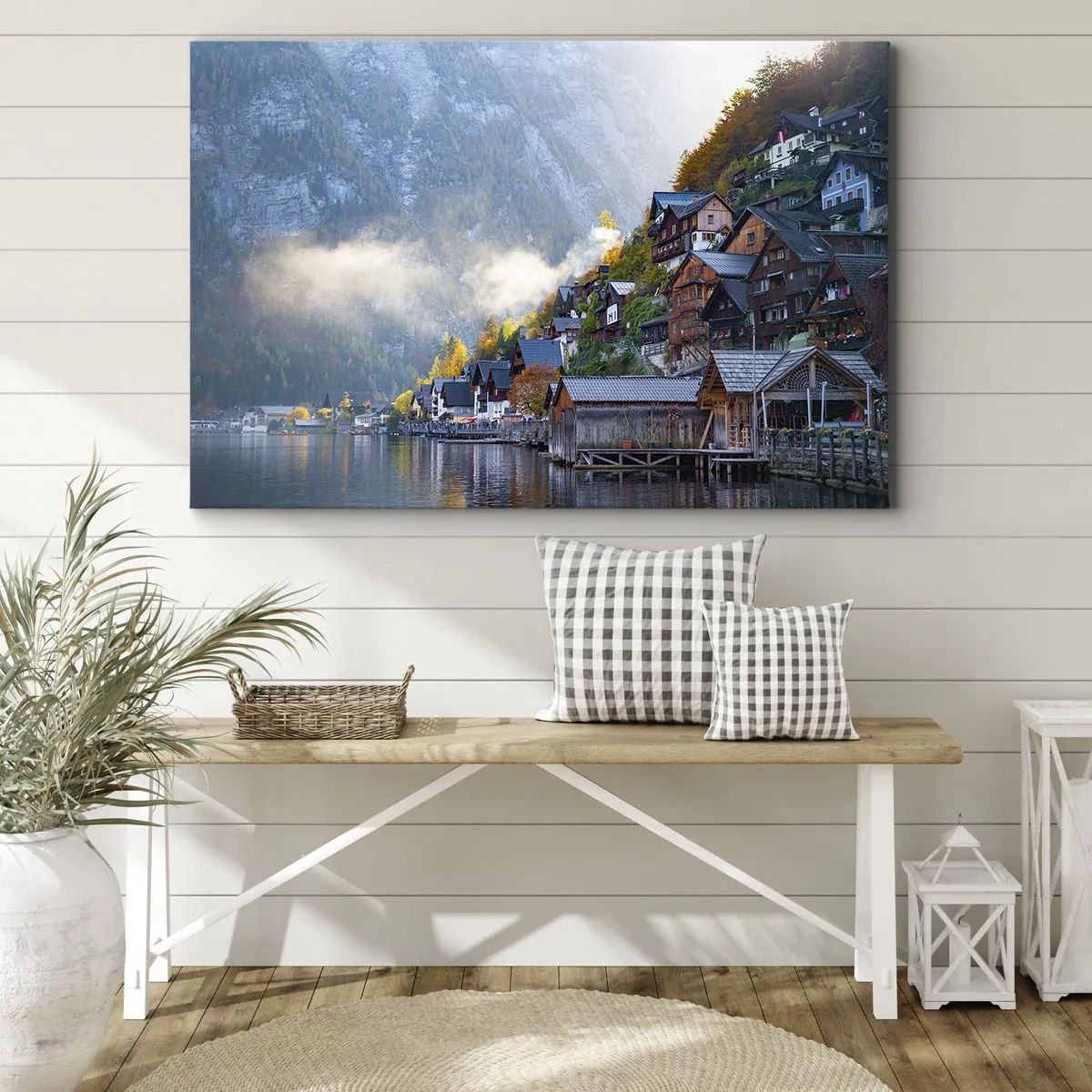 Bild auf Leinwand - Leinwandbild - Ein Bergdorf an einem See in herbstlicher Landschaft - 70x50cm - Alpenatmosphäre - Moderne Wanddekoration für Wohnzimmer und Schlafzimmer ARTTOR