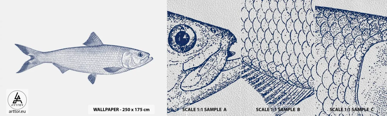 Fototapeten Muster Premium Sand - Grüße aus den nördlichen Meeren - Fisch, Meerestier, Küstenstil - 100x30 cm