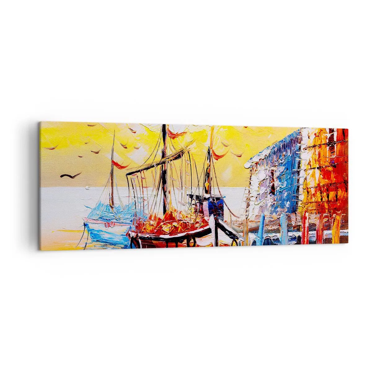 Bild auf Leinwand - Leinwandbild - Malerischer Hafen bei Sonnenuntergang mit Fischerbooten - 140x50cm - Glückliche Rückkehr - Moderne Wanddekoration für Wohnzimmer und Schlafzimmer ARTTOR