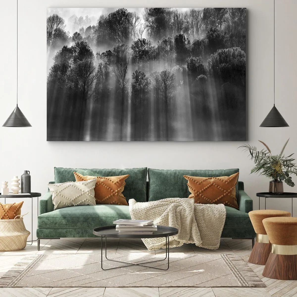 Bild auf Leinwand - Leinwandbild - Schwarz-weißer Wald im Morgenlicht - 70x50cm - In Lichtstrahlen - Moderne Wanddekoration für Wohnzimmer und Schlafzimmer ARTTOR