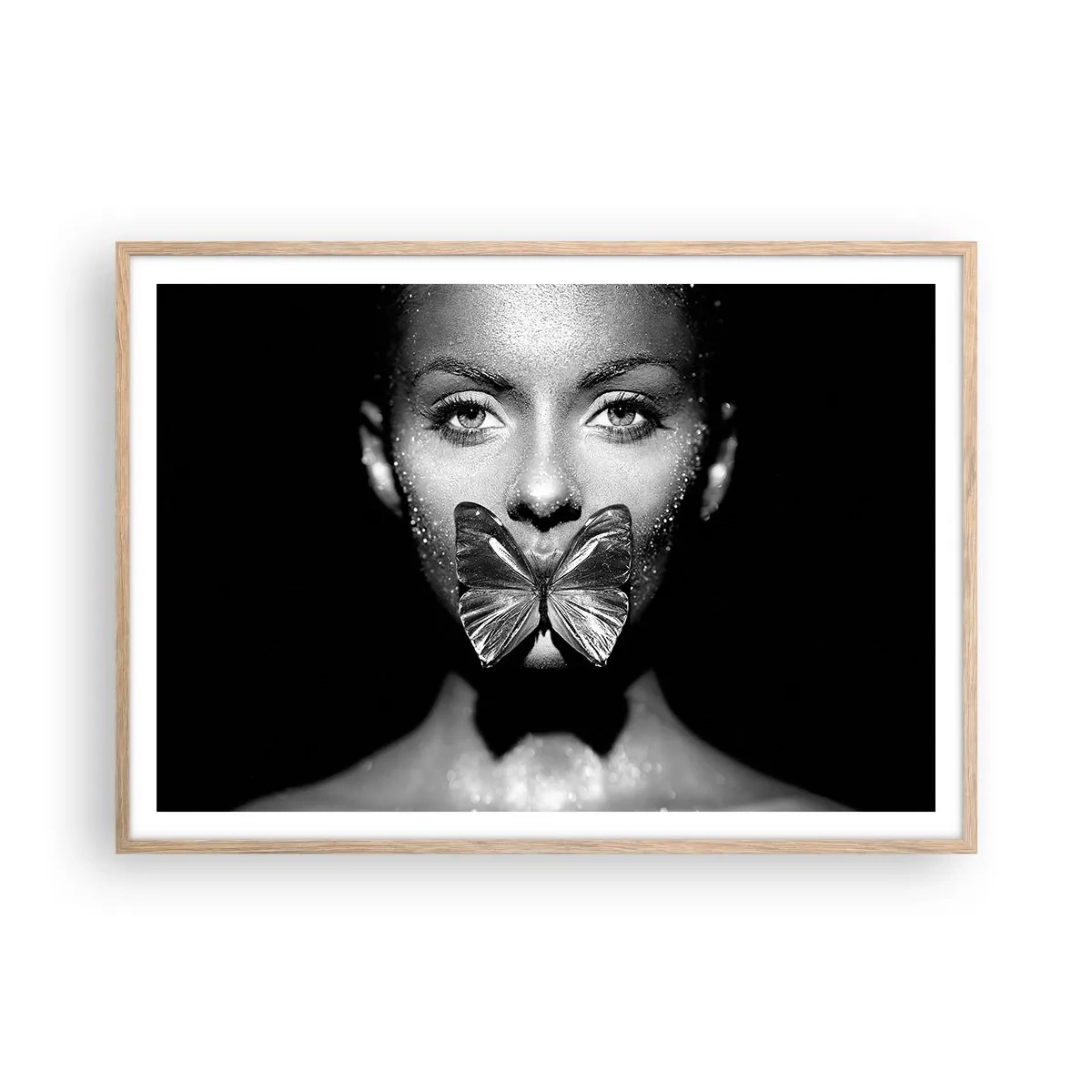 Poster in einem Rahmen aus heller Eiche - Schmetterlingskuss - 100x70 cm