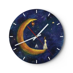 Wanduhr - Glasuhr - Eine Figur auf dem Mond in einem märchenhaften Nachthimmel mit einer Laterne - 30x30cm - Der Ruf der Welt - Moderne Wanddekoration für Wohnzimmer, Küche und Schlafzimmer ARTTOR