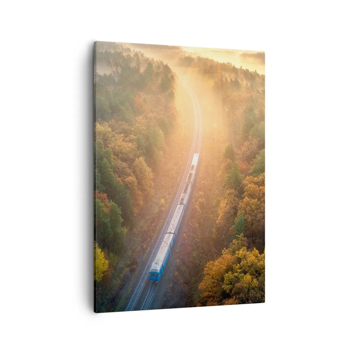 Bild auf Leinwand - Leinwandbild - Ein Zug in einem herbstlichen Wald im Morgengrauen - 50x70cm - Herbstreise - Moderne Wanddekoration für Wohnzimmer und Schlafzimmer ARTTOR