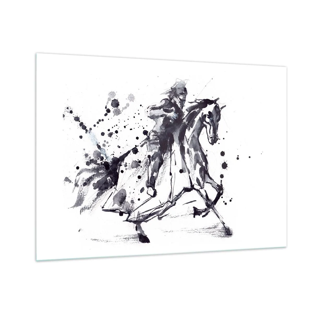 Glasbild - Bild auf glas - Schwarz-Weiß-Gemälde eines Reiters auf einem Pferd im abstrakten Stil - 100x70cm - Schwarzer Ritter - Moderne Wanddekoration für Wohnzimmer und Schlafzimmer ARTTOR