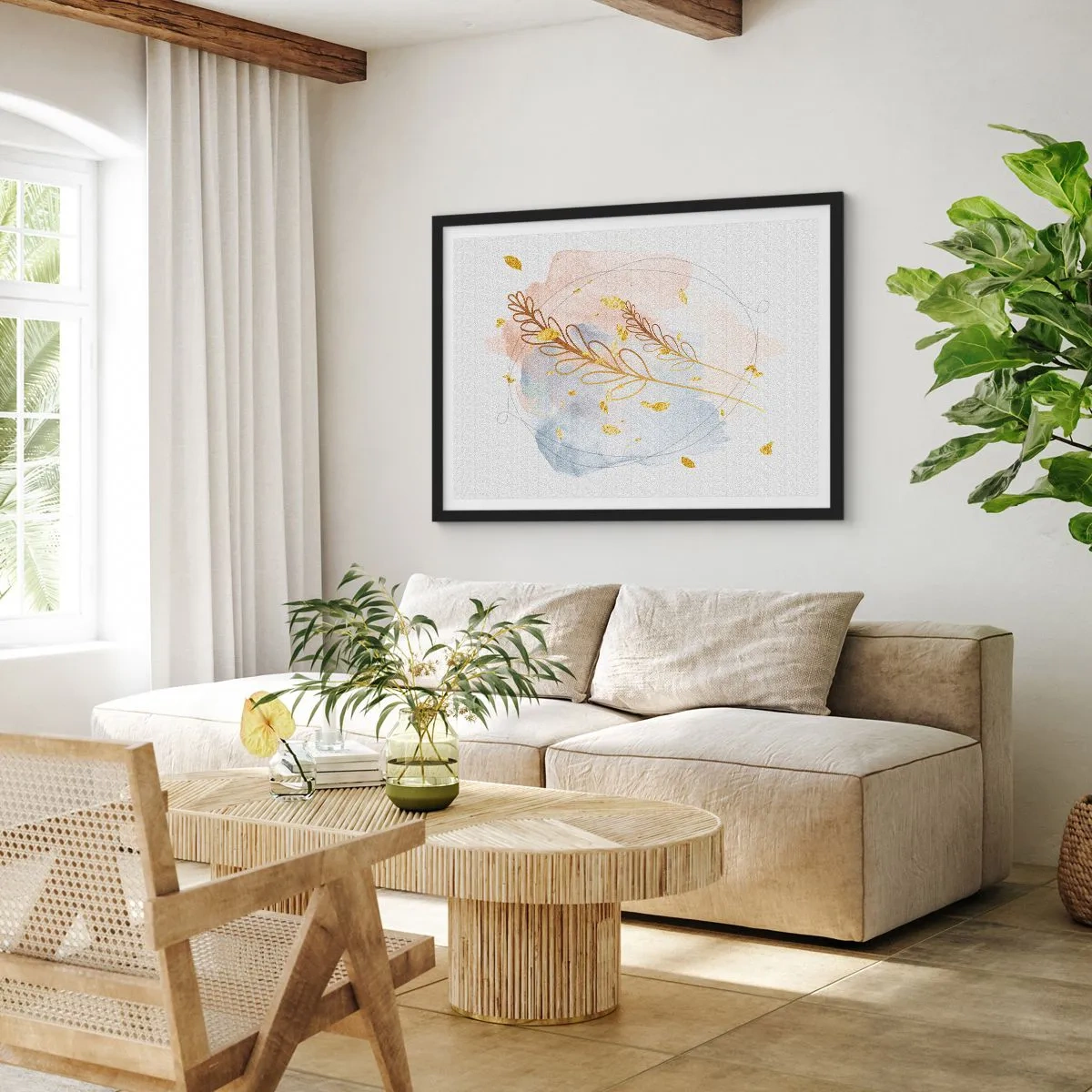 Poster in einem schwarzem Rahmen - Ein zartes goldenes Blattmotiv auf pastellfarbenem Hintergrund mit Aquarelldetails. - 70x50cm - Goldenr Hauch - Moderne Wanddekoration für Wohnzimmer und Schlafzimmer ARTTOR