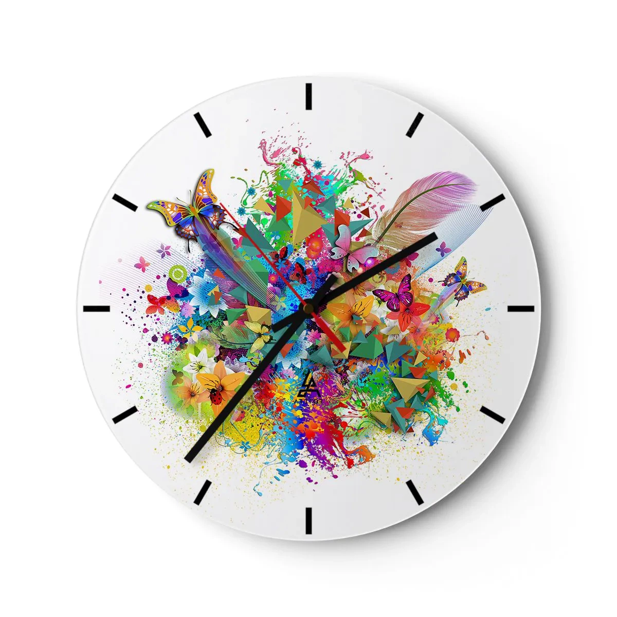 Wanduhr - Glasuhr - Bunte Abstraktion mit Schmetterlingen und Federn - 30x30cm - Ein Strauß Freude - Moderne Wanddekoration für Wohnzimmer, Küche und Schlafzimmer ARTTOR
