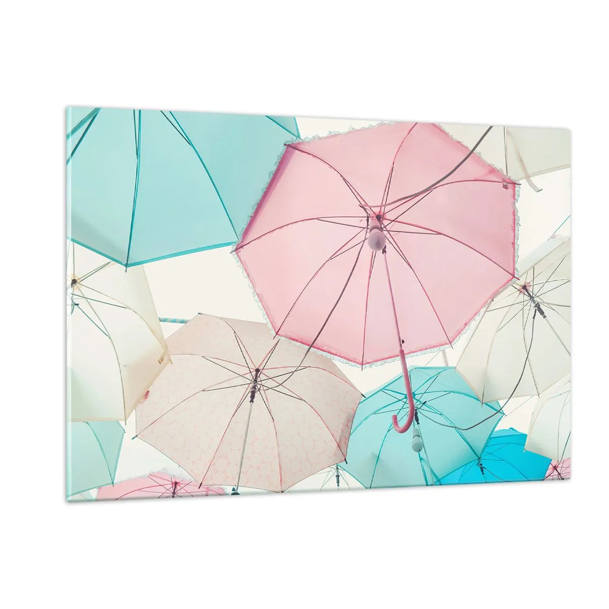 Glasbild - Bild auf glas - Bunte Regenschirme schweben in der Luft - 120x80cm - Mal Sonne, mal Regen - Moderne Wanddekoration für Wohnzimmer und Schlafzimmer ARTTOR