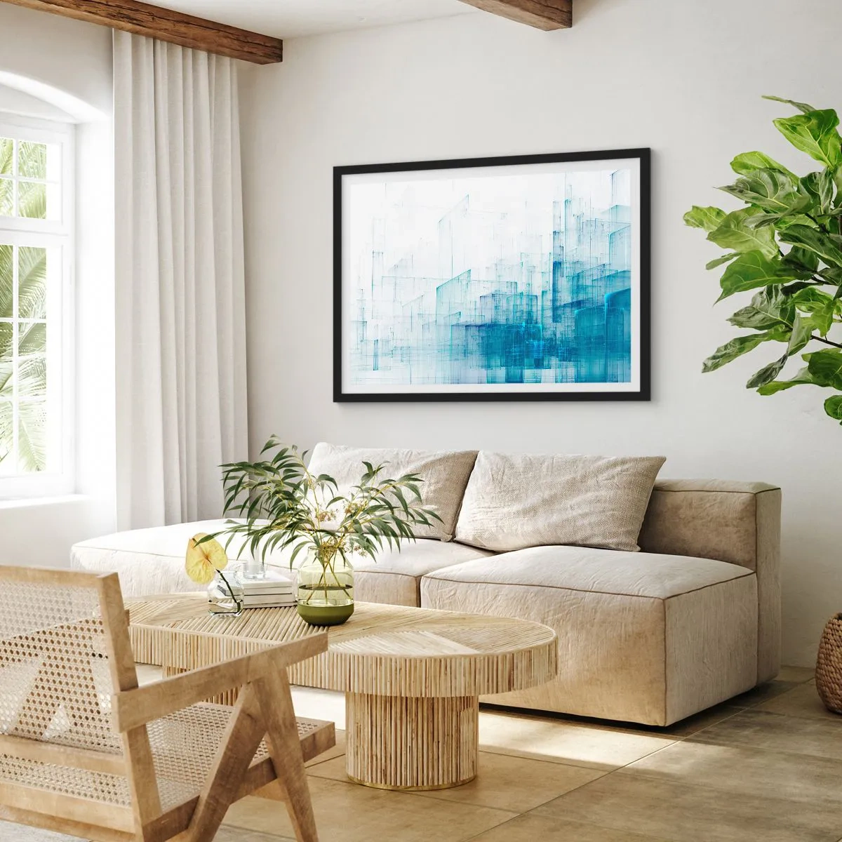 Poster in einem schwarzem Rahmen - Abstrakte geometrische Formen in Blautönen - 100x70cm - Wie der Raum wgeschaffen urde - Moderne Wanddekoration für Wohnzimmer und Schlafzimmer ARTTOR