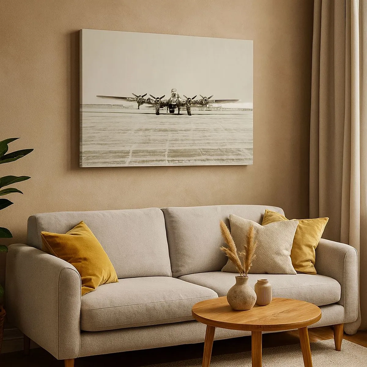 Bild auf Leinwand - Leinwandbild - Historisches Flugzeug auf dem Flughafen in Sepia - 70x50cm - Wie immer bereit - Moderne Wanddekoration für Wohnzimmer und Schlafzimmer ARTTOR