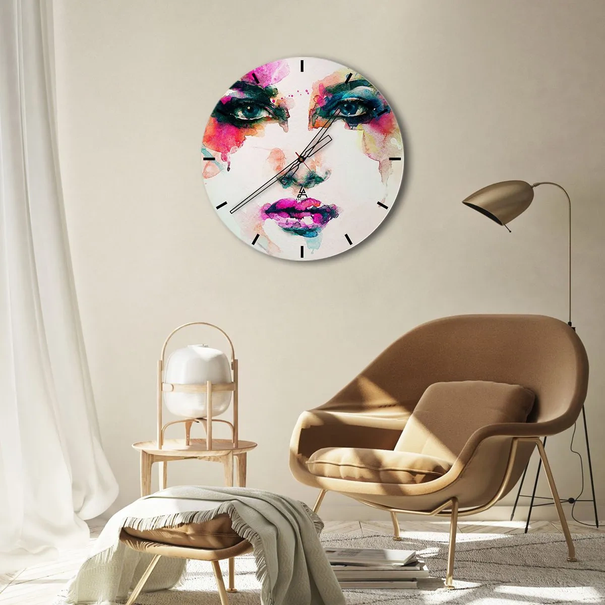 Wanduhr - Glasuhr - Farbenfrohes Porträt einer Frau im Aquarellstil, intensive Farben - 30x30cm - Ein mit einem Regenbogen gemaltes Porträt - Moderne Wanddekoration für Wohnzimmer, Küche und Schlafzimmer ARTTOR