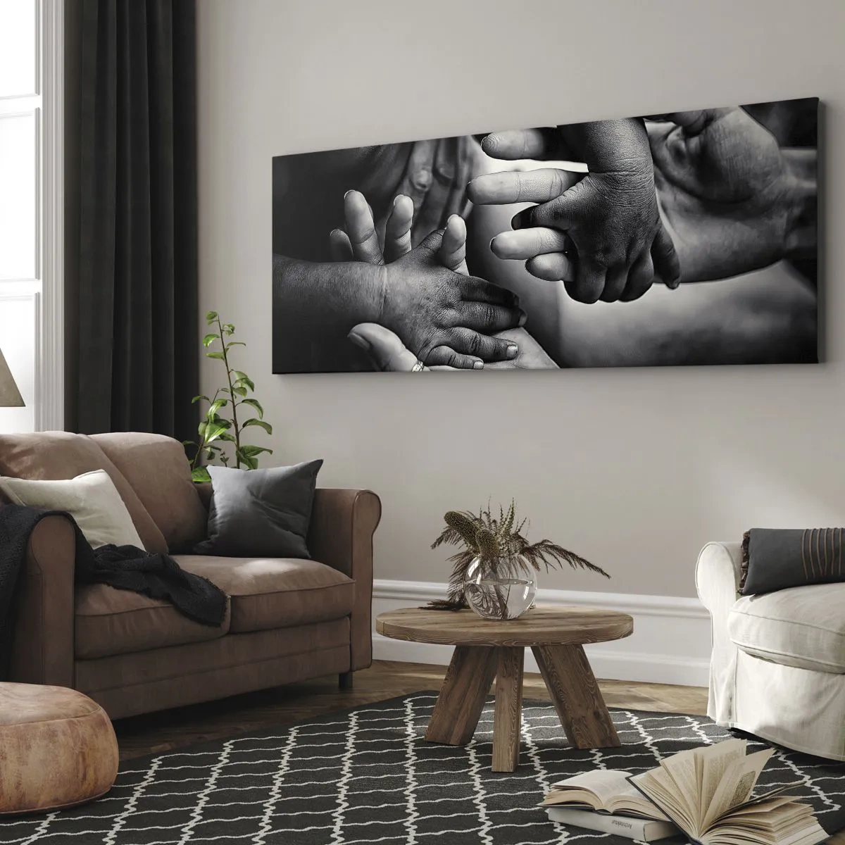 Bild auf Leinwand - Leinwandbild - Schwarze und weiße Hände verschiedener Generationen - 160x50cm - Mensch sein - Moderne Wanddekoration für Wohnzimmer und Schlafzimmer ARTTOR