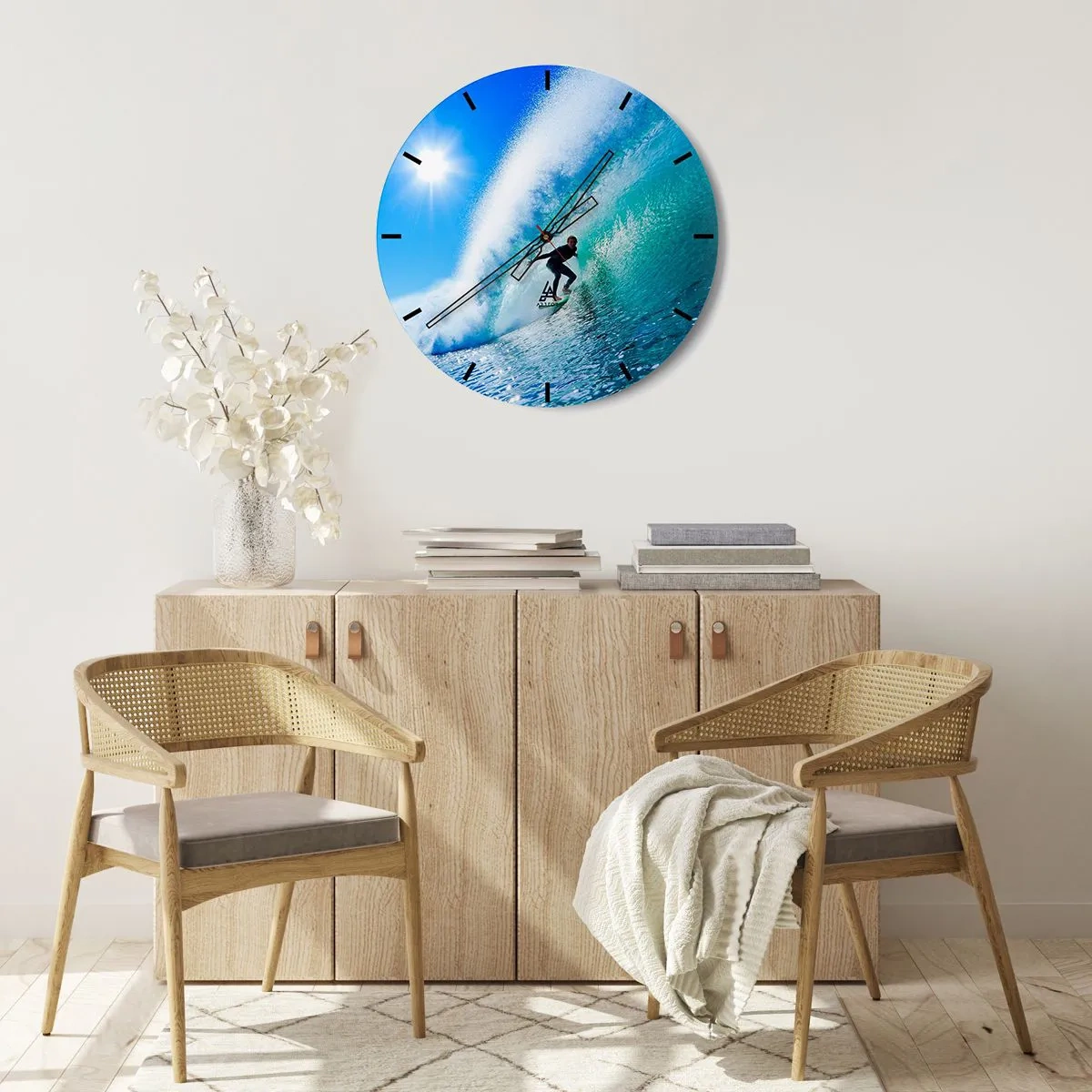 Wanduhr - Glasuhr - Surfer auf einer Welle an einem sonnigen Tag - 30x30cm - Durch das große Blau - Moderne Wanddekoration für Wohnzimmer, Küche und Schlafzimmer ARTTOR