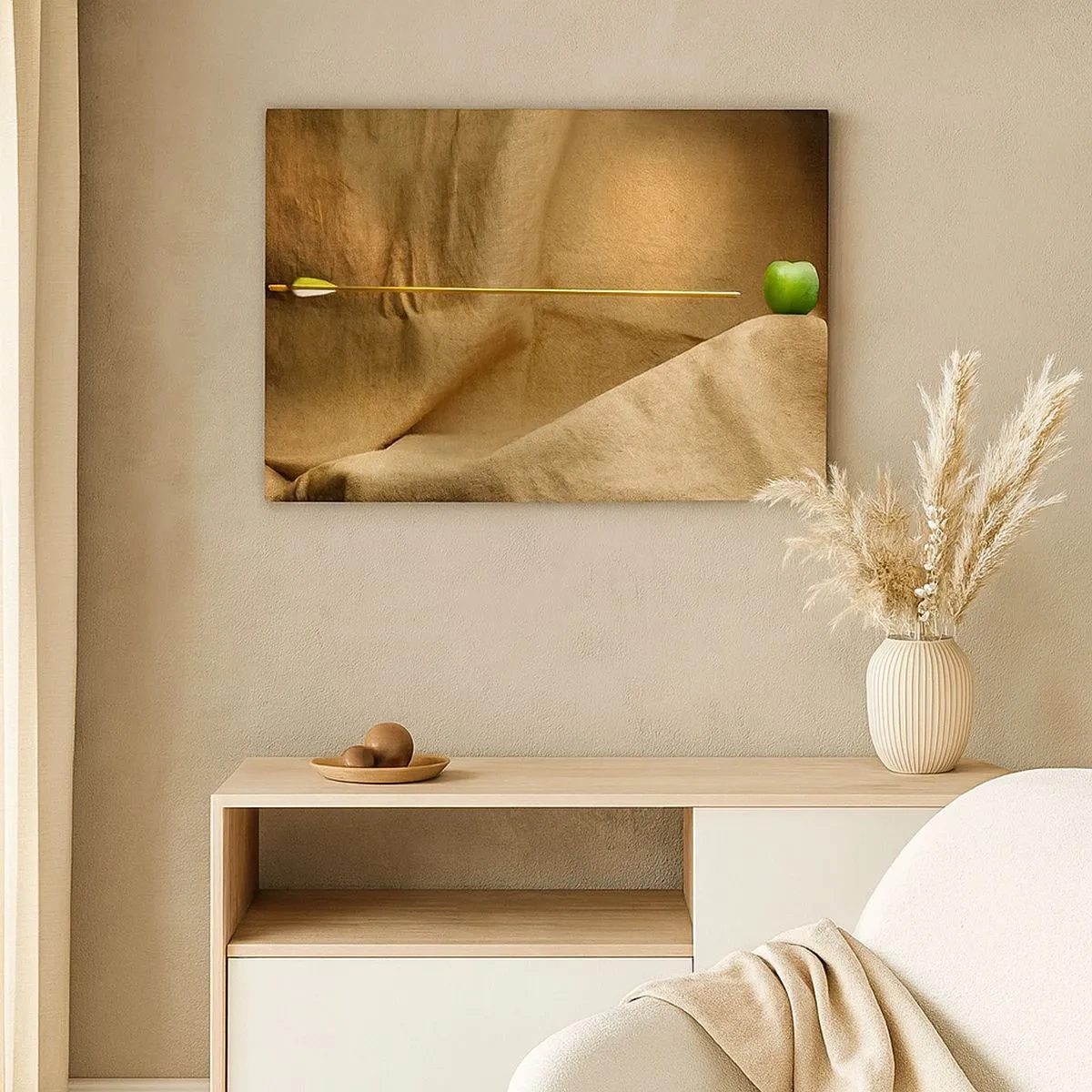 Bild auf Leinwand - Leinwandbild - Grüner Apfel auf Stoff mit einem Pfeil, der eine Komposition ergibt - 70x50cm - Beschwöre den Geist von Wilhelm Tell - Moderne Wanddekoration für Wohnzimmer und Schlafzimmer ARTTOR