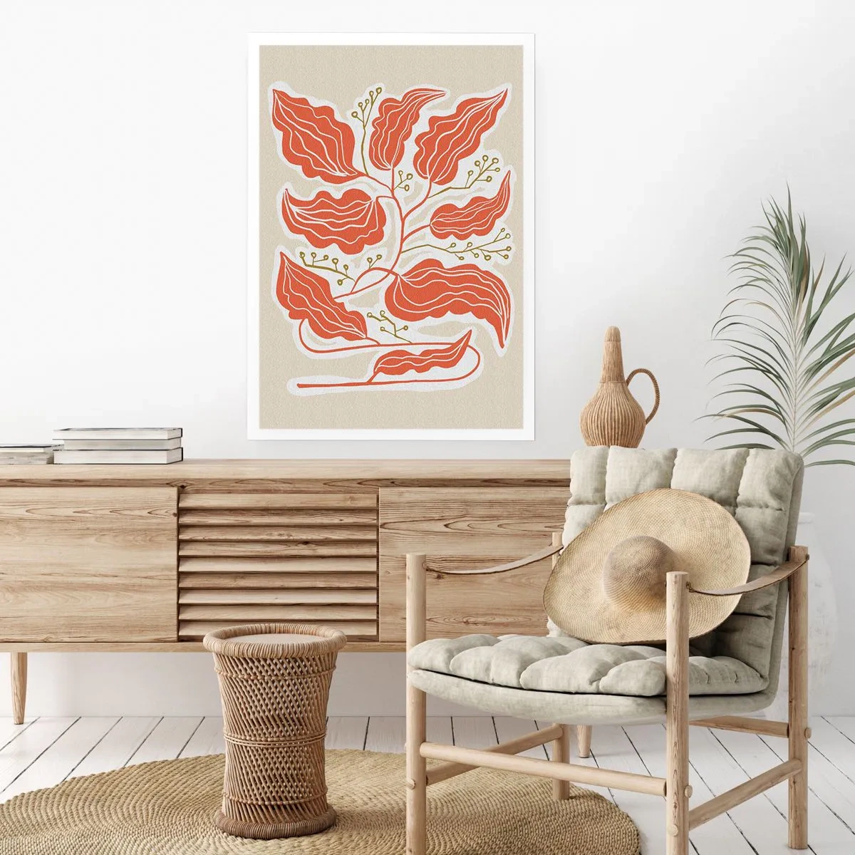 Poster - Eine abstrakte Komposition aus Blättern in Orange- und Beigetönen. - 50x70cm - Im Folkstil und korallenartig - Moderne Wanddekoration für Wohnzimmer und Schlafzimmer ARTTOR