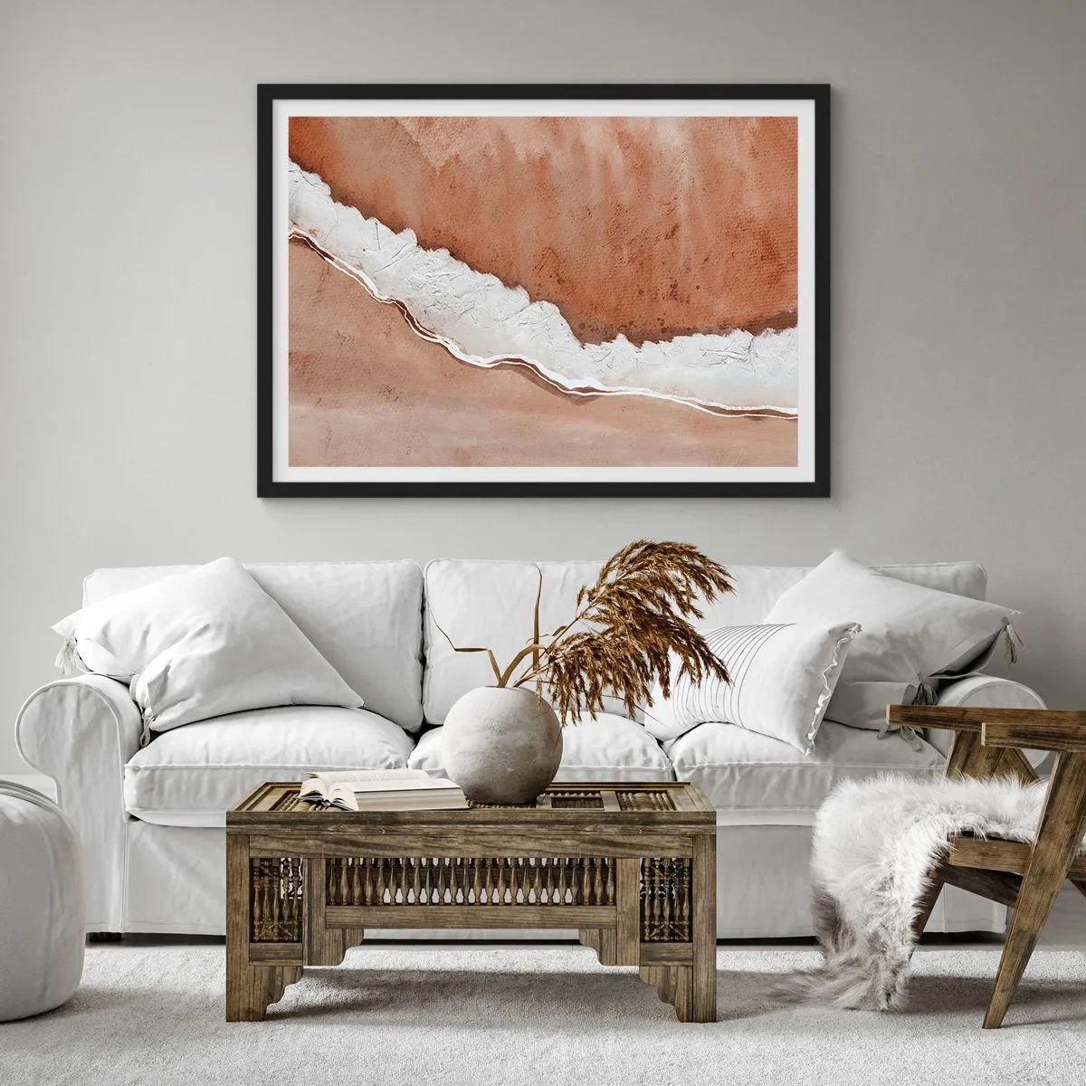 Poster in einem schwarzem Rahmen - Sandstruktur mit weißen Akzenten - 70x50cm - In Farben der Erde - Moderne Wanddekoration für Wohnzimmer und Schlafzimmer ARTTOR