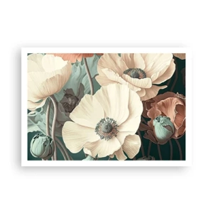 Poster - Elegante Blumen in Pastelltönen auf grünem Hintergrund - 100x70cm - Flüstern von Mohnblumen - Moderne Wanddekoration für Wohnzimmer und Schlafzimmer ARTTOR