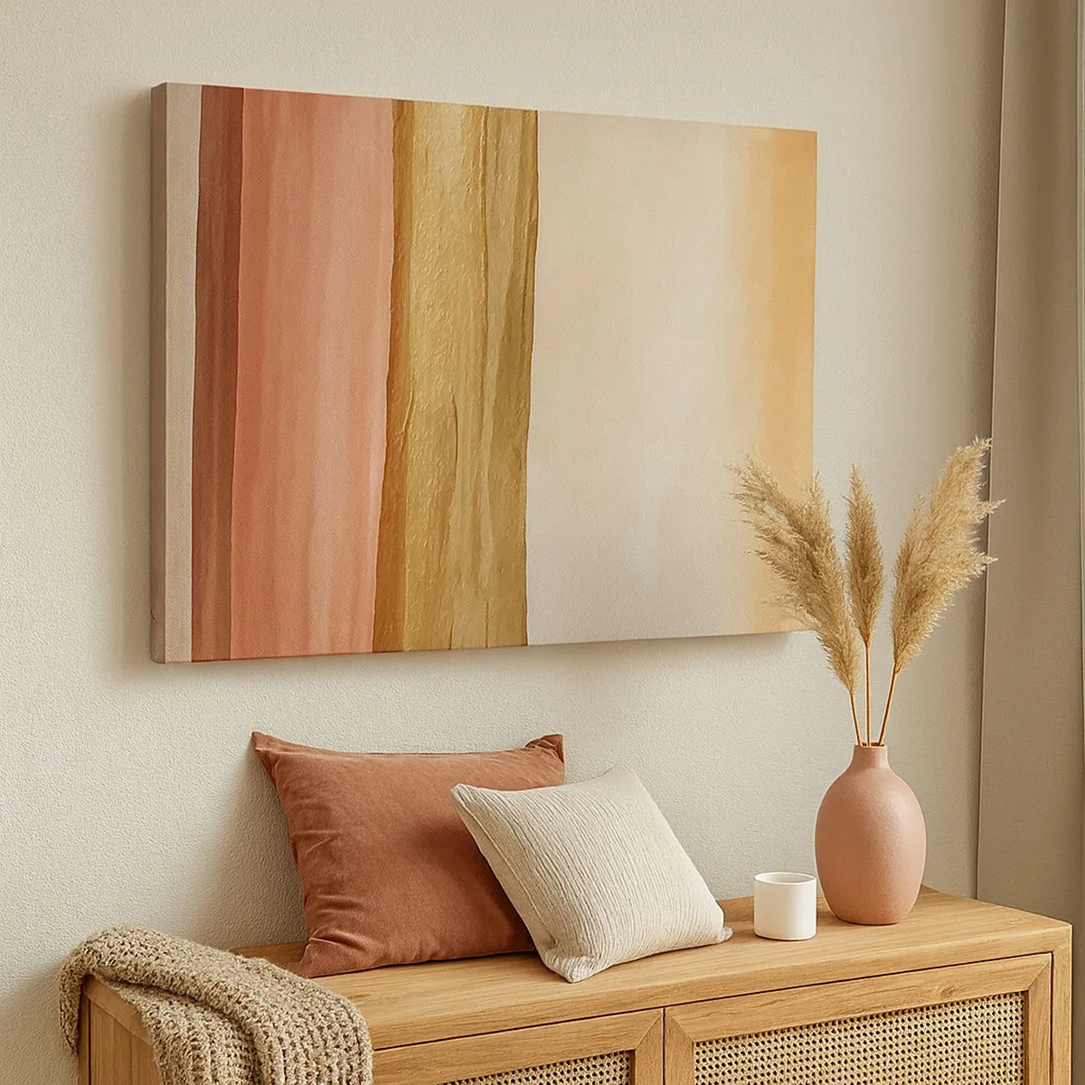 Bild auf Leinwand - Leinwandbild - Abstrakte Streifen in Beige-, Gold- und Rosatönen auf Leinwand - 70x50cm - Vertikale Komposition - Moderne Wanddekoration für Wohnzimmer und Schlafzimmer ARTTOR