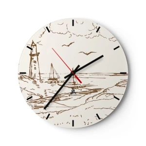 Wanduhr - Glasuhr - Illustration eines Leuchtturms mit einem Segelboot und Vögeln gegen den Himmel - 30x30cm - Ein Überblick über die Erinnerungen an den Sommer - Moderne Wanddekoration für Wohnzimmer, Küche und Schlafzimmer ARTTOR