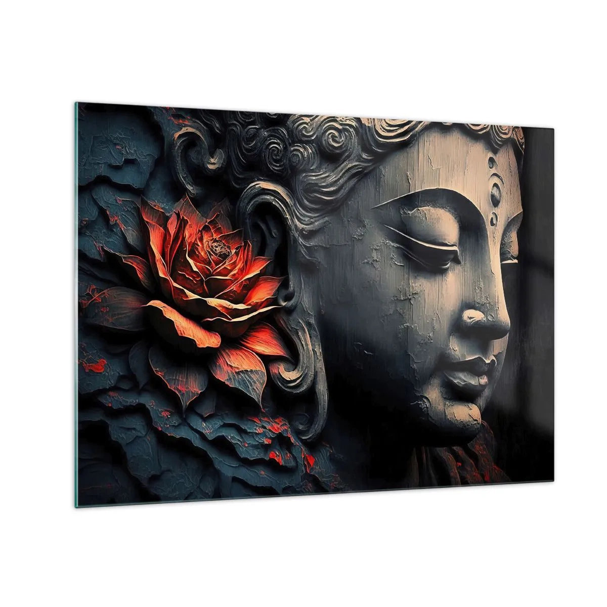 Glasbild - Bild auf glas - Profil einer meditierenden Figur mit einer roten Blume vor dunklem Hintergrund. - 70x50cm - Im Einklang mit der Welt - Moderne Wanddekoration für Wohnzimmer und Schlafzimmer ARTTOR