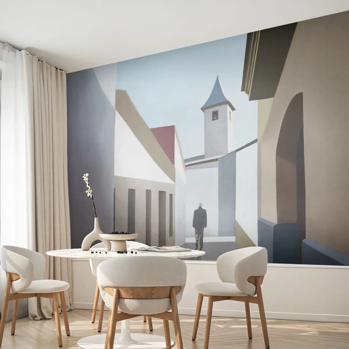 Fototapete Premium Sand - Eine ruhige Straße mit einem Mann, der allein geht - 100x70cm - Sonniger Spaziergang - Moderne Wanddekoration für Wohnzimmer und Schlafzimmer ARTTOR