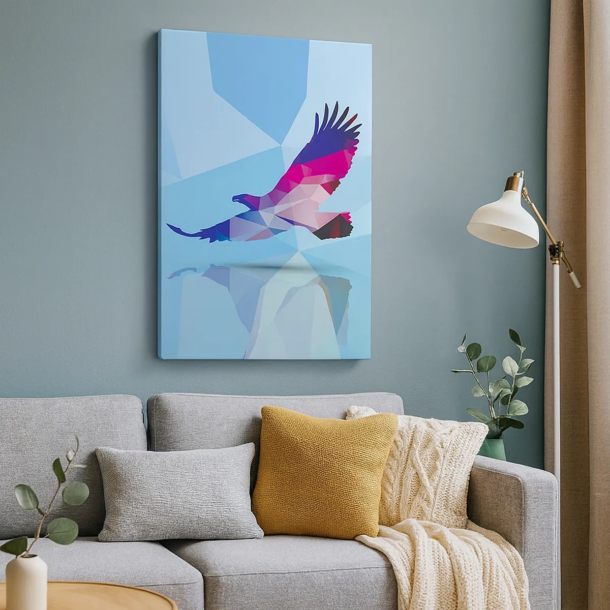 Bild auf Leinwand - Leinwandbild - Geometrische Silhouette eines Adlers im Flug auf blauem Hintergrund - 50x70cm - Adler in lila Kristall - Moderne Wanddekoration für Wohnzimmer und Schlafzimmer ARTTOR