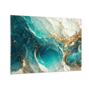 Glasbild - Bild auf glas - Abstrakte Komposition mit türkisfarbenen und goldenen Adern - 100x70cm - Komposition mit Goldadern - Moderne Wanddekoration für Wohnzimmer und Schlafzimmer ARTTOR